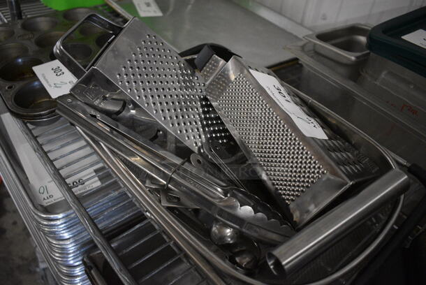 ALL ONE MONEY! Lot of Various Metal Items in Strainer Including Graters and Teaspoons! - Image 2 of 3