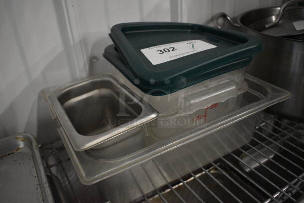 ALL ONE MONEY! Lot of 2 Poly Containers, 2 Green Lids, Metal 1/9 Size Drop In Bin and Poly 1/2 Size Bin! - Image 2 of 2