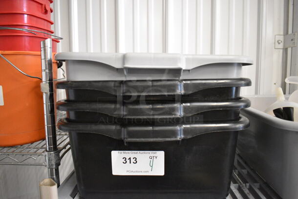 4 Poly Bus Bins; 3 Black and 1 Gray. 21x15x7. 4 Times Your Bid!