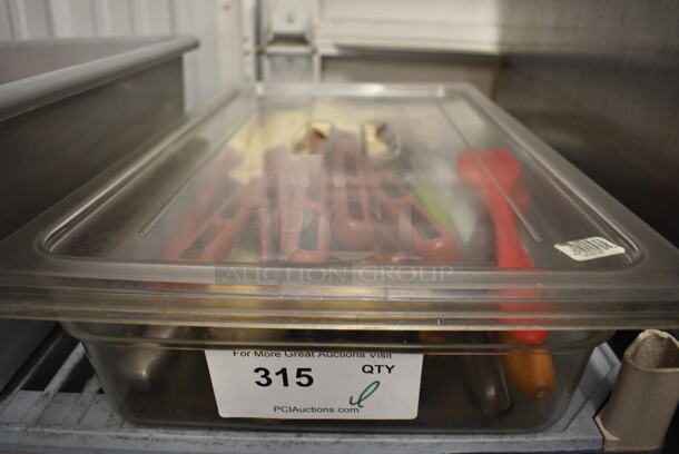 ALL ONE MONEY! Lot of Various Items Including Spreaders and Bacon Press in Clear Poly Full Size Drop In Bin and Lid! - Image 1 of 4