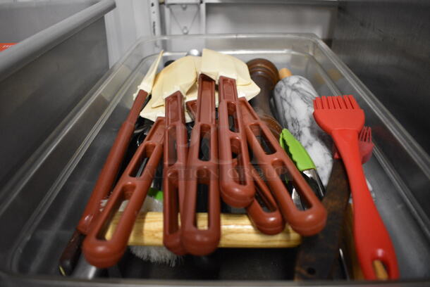 ALL ONE MONEY! Lot of Various Items Including Spreaders and Bacon Press in Clear Poly Full Size Drop In Bin and Lid! - Image 2 of 4