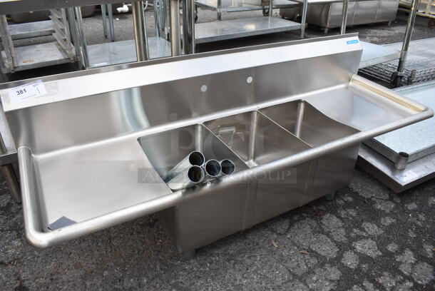 BRAND NEW! BK Stainless Steel Commercial 3 Bay Sink w/ Dual Drainboards. Comes w/ Legs! 60x20x23. Bays 10x14x10. Drainboards 13x16x2. Legs 22