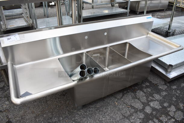 BRAND NEW! BK Stainless Steel Commercial 3 Bay Sink w/ Dual Drainboards. Comes w/ Legs! 60x20x23. Bays 10x14x10. Drainboards 13x16x2. Legs 22 - Image 1 of 5