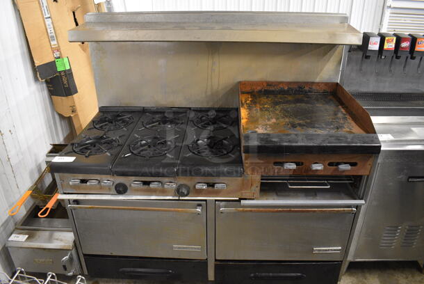 NICE! Garland Metal Commercial Gas Powered 6 Burner Range w/ Right Side Flat Top Griddle, 2 Lower Ovens and Metal Overshelf. 60x33x60 - Image 1 of 9