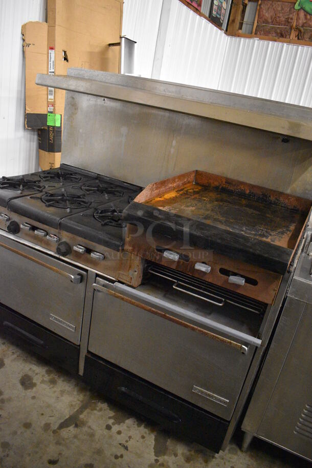 NICE! Garland Metal Commercial Gas Powered 6 Burner Range w/ Right Side Flat Top Griddle, 2 Lower Ovens and Metal Overshelf. 60x33x60 - Image 2 of 9