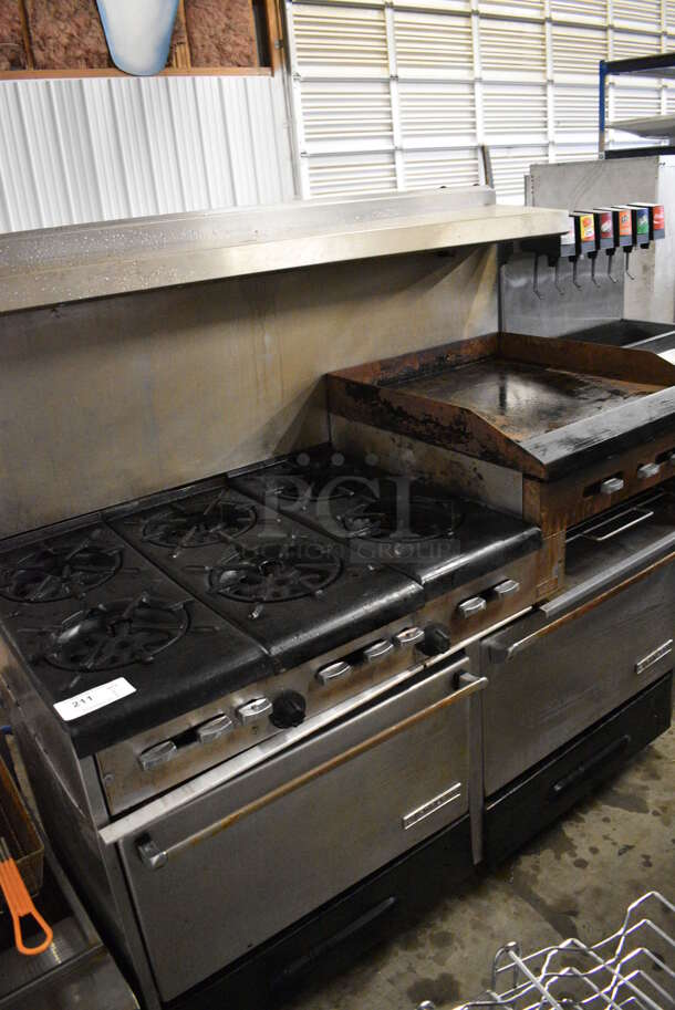 NICE! Garland Metal Commercial Gas Powered 6 Burner Range w/ Right Side Flat Top Griddle, 2 Lower Ovens and Metal Overshelf. 60x33x60 - Image 9 of 9