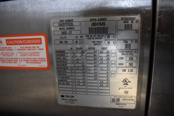 FANTASTIC! Taylor Model 342D-27 Stainless Steel Commercial Floor Style Air Cooled 2 Flavor Frozen Beverage Machine w/ Drink Mixing Attachment on Commercial Casters. 208-230 Volts, 1 Phase. 26x33x58 - Image 6 of 6