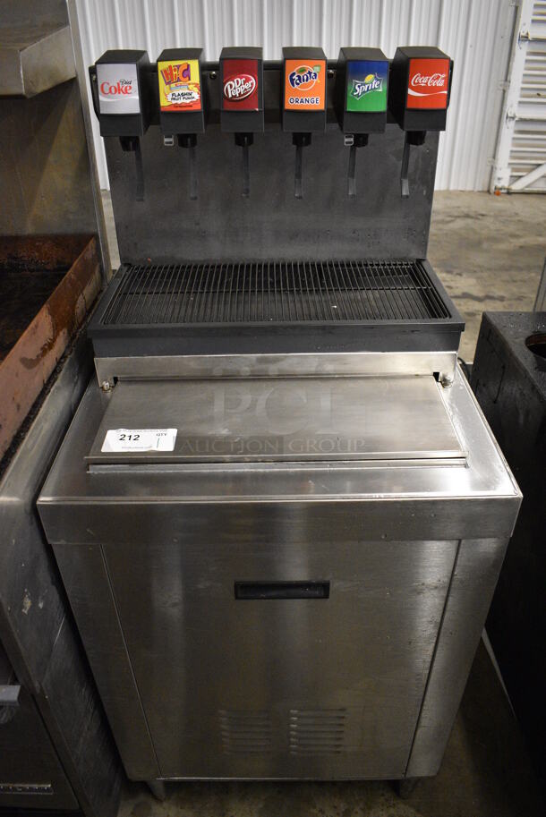 NICE! McCann's Model 16-1321 Stainless Steel Commercial 6 Flavor Carbonated Beverage Machine on Stainless Steel Ice Bin. 25x25x56