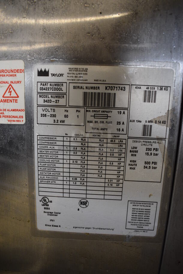 FANTASTIC! 2007 Taylor Model 342D-27 Stainless Steel Commercial Floor Style Air Cooled 2 Flavor Frozen Beverage Machine w/ Drink Mixing Attachment on Commercial Casters. 208-230 Volts, 1 Phase. 26x33x58 - Image 9 of 9