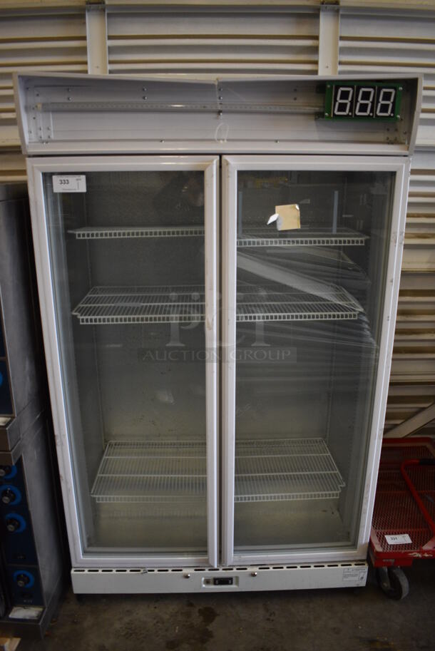 GREAT! SG Merchandising Model HUS-Z10-HY Metal Commercial 2 Door Reach In Cooler Merchandiser w/ Poly Coated Racks. 110 Volts, 1 Phase. 47x27x78. Tested and Working!