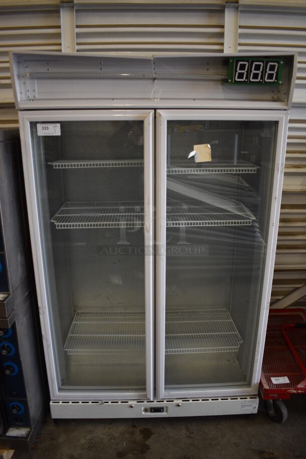 GREAT! SG Merchandising Model HUS-Z10-HY Metal Commercial 2 Door Reach In Cooler Merchandiser w/ Poly Coated Racks. 110 Volts, 1 Phase. 47x27x78. Tested and Working! - Image 1 of 6