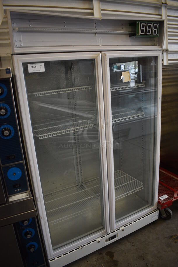 GREAT! SG Merchandising Model HUS-Z10-HY Metal Commercial 2 Door Reach In Cooler Merchandiser w/ Poly Coated Racks. 110 Volts, 1 Phase. 47x27x78. Tested and Working! - Image 2 of 6