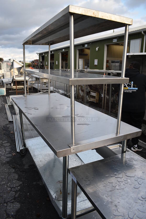 Stainless Steel Commercial Table w/ Double Overshelf and Metal Undershelf on Commercial Casters. 72x30x72