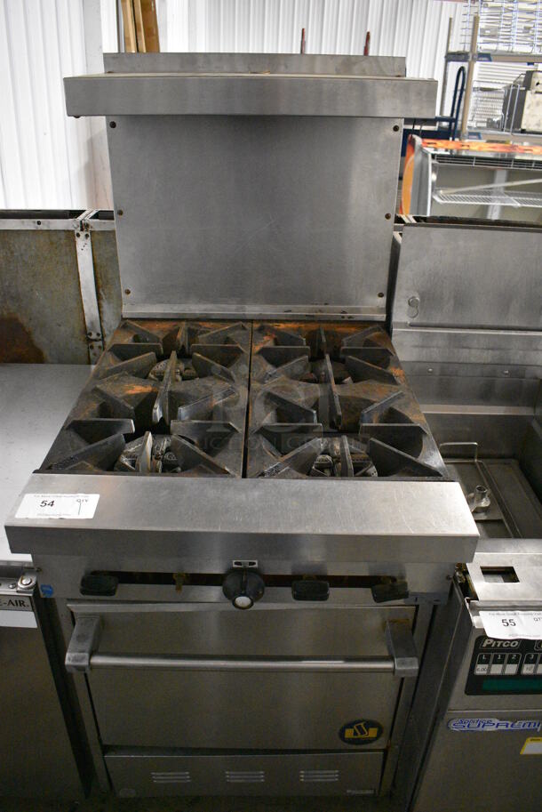 GREAT! Garland Model S-4-20 Stainless Steel Commercial Natural Gas Powered 4 Burner Range w/ Lower Oven and Stainless Steel Overshelf. 24x33x59