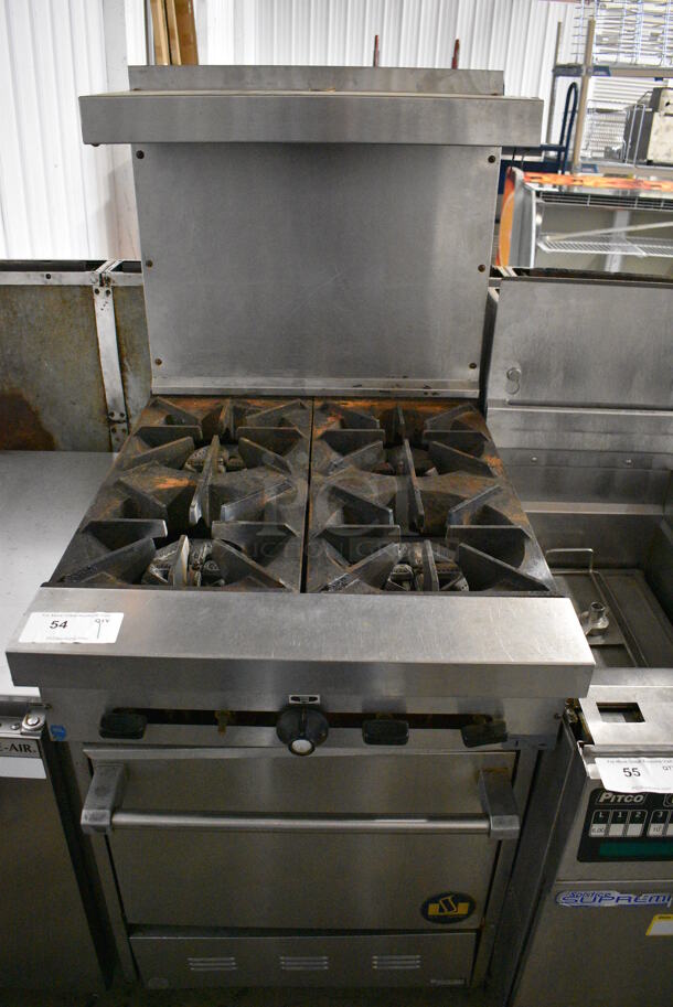 GREAT! Garland Model S-4-20 Stainless Steel Commercial Natural Gas Powered 4 Burner Range w/ Lower Oven and Stainless Steel Overshelf. 24x33x59 - Image 1 of 9