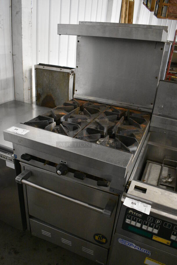 GREAT! Garland Model S-4-20 Stainless Steel Commercial Natural Gas Powered 4 Burner Range w/ Lower Oven and Stainless Steel Overshelf. 24x33x59 - Image 2 of 9