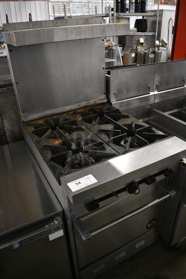 GREAT! Garland Model S-4-20 Stainless Steel Commercial Natural Gas Powered 4 Burner Range w/ Lower Oven and Stainless Steel Overshelf. 24x33x59 - Image 4 of 9