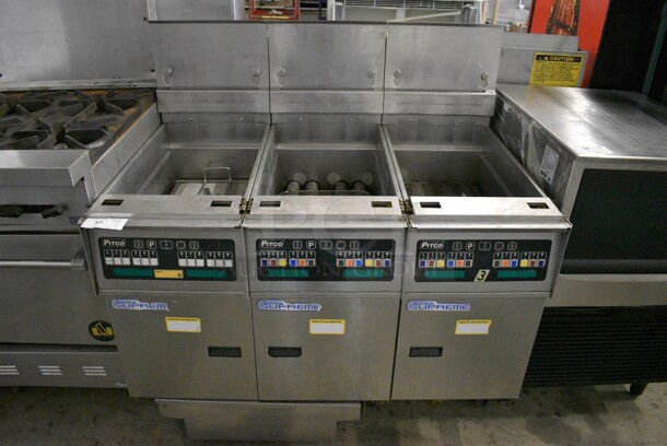BEAUTIFUL! 2012 Pitco Frialator Model SSH60 ENERGY STAR Stainless Steel Commercial Floor Style Natural Gas Powered 3 Bay Deep Fat Fryer w/ Filtration System on Commercial Casters. 80,000 BTU. 47x35x48