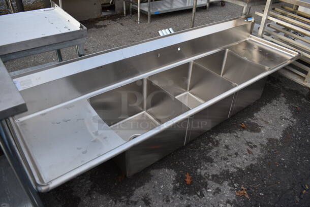 BRAND NEW! BK Stainless Steel Commercial 3 Bay Sink w/ Dual Drainboards. Comes w/ 4 Legs! 90x24x24. Bays 18x18x12. Drainboards 16x20x2. Legs 19