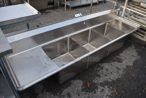 BRAND NEW! BK Stainless Steel Commercial 3 Bay Sink w/ Dual Drainboards. Comes w/ 4 Legs! 90x24x24. Bays 18x18x12. Drainboards 16x20x2. Legs 19"