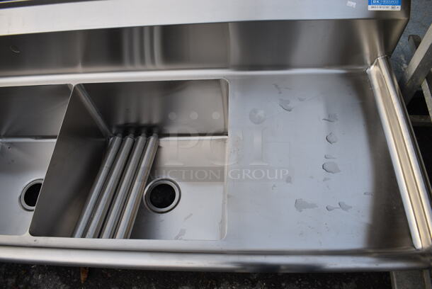 BRAND NEW! BK Stainless Steel Commercial 3 Bay Sink w/ Dual Drainboards. Comes w/ 4 Legs! 90x24x24. Bays 18x18x12. Drainboards 16x20x2. Legs 19" - Image 3 of 4