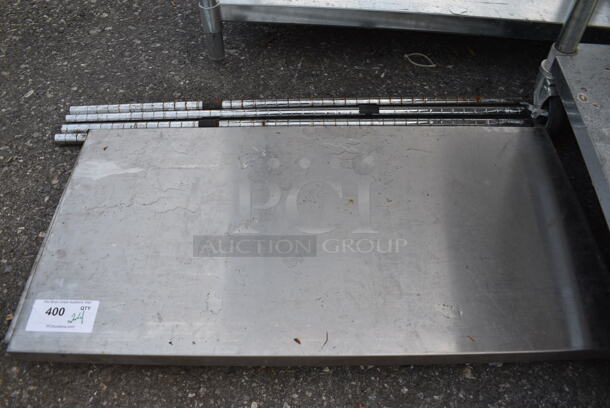 ALL ONE MONEY! Lot of Stainless Steel Tabletop, Metal Undershelf and 4 Chrome Finish Poles! 36x18x1.5, 40" - Image 1 of 3
