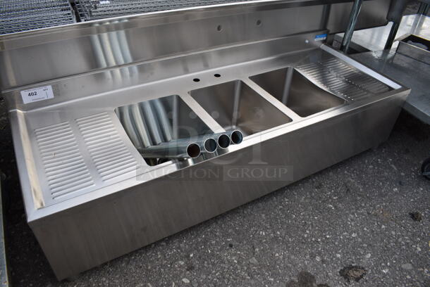 BRAND NEW! BK Stainless Steel Commercial 3 Bay Bar Sink w/ Dual Drainboards. Comes w/ 4 Legs! 60x22x17. Bays 10x14x10. Drainboards 11x19x1. Legs 21" - Image 2 of 6
