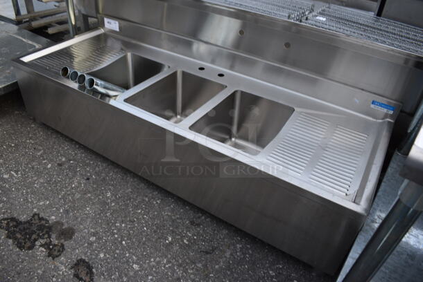 BRAND NEW! BK Stainless Steel Commercial 3 Bay Bar Sink w/ Dual Drainboards. Comes w/ 4 Legs! 60x22x17. Bays 10x14x10. Drainboards 11x19x1. Legs 21" - Image 3 of 6