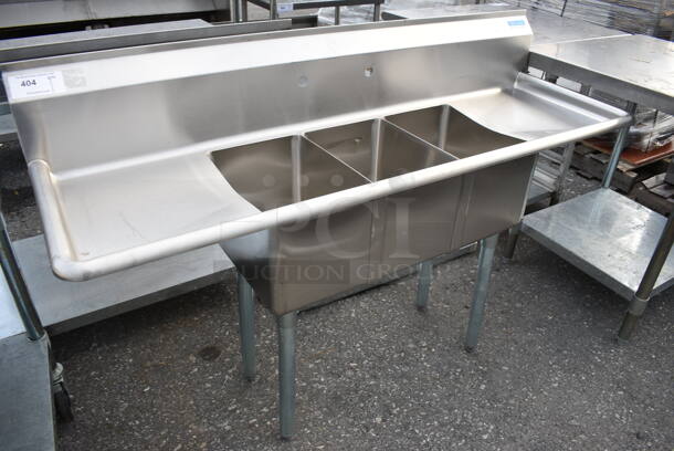 BRAND NEW! BK Stainless Steel Commercial 3 Bay Sink w/ Dual Drainboards on Metal Legs. 60x20x35. Bays 10x14x10. Drainboards 13x16x2 - Image 2 of 3