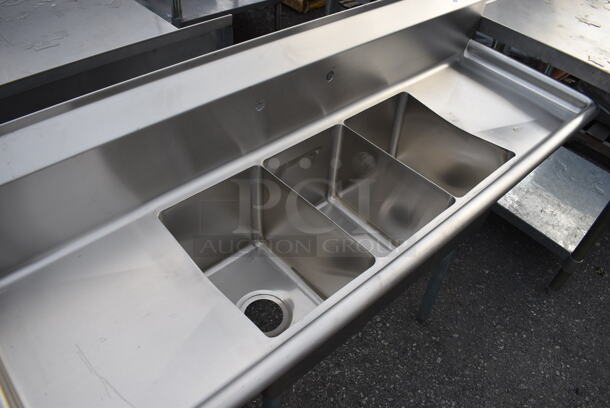 BRAND NEW! BK Stainless Steel Commercial 3 Bay Sink w/ Dual Drainboards on Metal Legs. 60x20x35. Bays 10x14x10. Drainboards 13x16x2 - Image 3 of 3