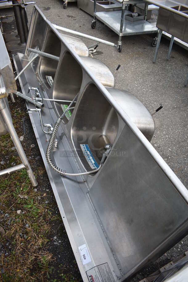 Eagle Stainless Steel Commercial 3 Bay Sink w/ Dual Drainboards, Faucet, Handles and Spray Nozzle Attachment. Legs Need Reattached. 120x30x44. Bays 21x23x13. Drainboards 21x26x2 - Image 2 of 6