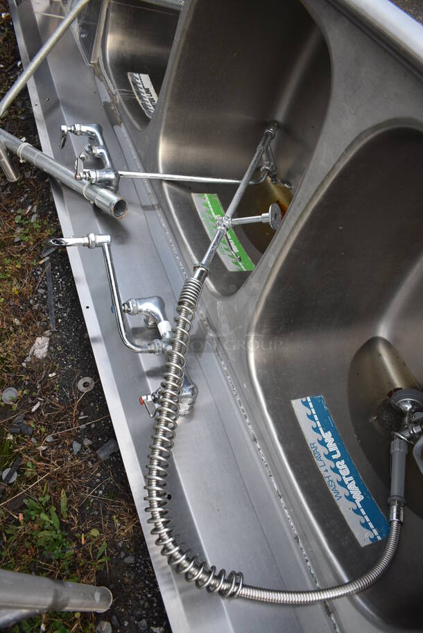 Eagle Stainless Steel Commercial 3 Bay Sink w/ Dual Drainboards, Faucet, Handles and Spray Nozzle Attachment. Legs Need Reattached. 120x30x44. Bays 21x23x13. Drainboards 21x26x2 - Image 3 of 6