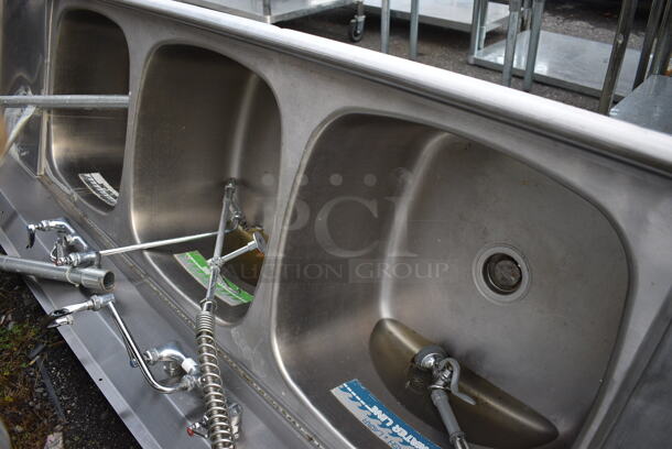 Eagle Stainless Steel Commercial 3 Bay Sink w/ Dual Drainboards, Faucet, Handles and Spray Nozzle Attachment. Legs Need Reattached. 120x30x44. Bays 21x23x13. Drainboards 21x26x2 - Image 4 of 6