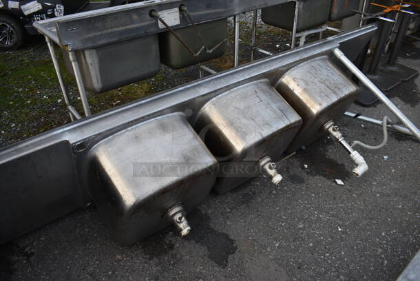 Eagle Stainless Steel Commercial 3 Bay Sink w/ Dual Drainboards, Faucet, Handles and Spray Nozzle Attachment. Legs Need Reattached. 120x30x44. Bays 21x23x13. Drainboards 21x26x2 - Image 5 of 6