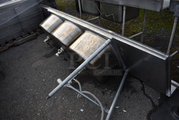Eagle Stainless Steel Commercial 3 Bay Sink w/ Dual Drainboards, Faucet, Handles and Spray Nozzle Attachment. Legs Need Reattached. 120x30x44. Bays 21x23x13. Drainboards 21x26x2 - Image 6 of 6