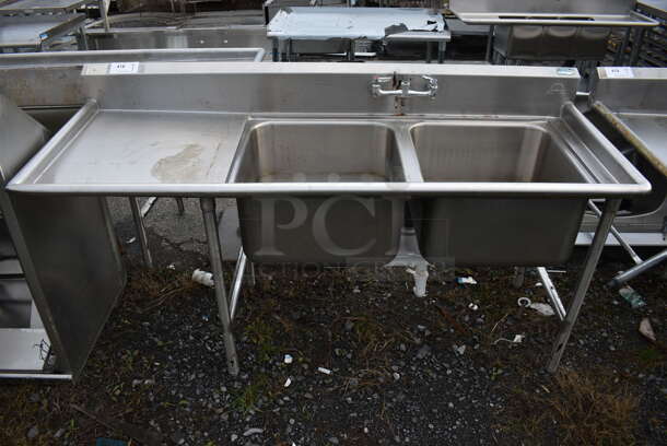 Stainless Steel Commercial 2 Bay Sink w/ Handles and Left Side Drainboard. 72x27x40. Bays 20x20x12. Drainboard 22x23x2