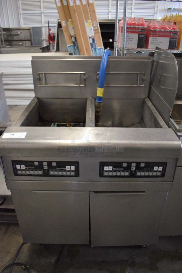 BEAUTIFUL! 2008 Frymaster Model PH255CS Stainless Steel Commercial Floor Style Natural Gas Powered 2 Bay Deep Fat Fryer on Commercial Casters. 80,000 BTU. 31x30x37