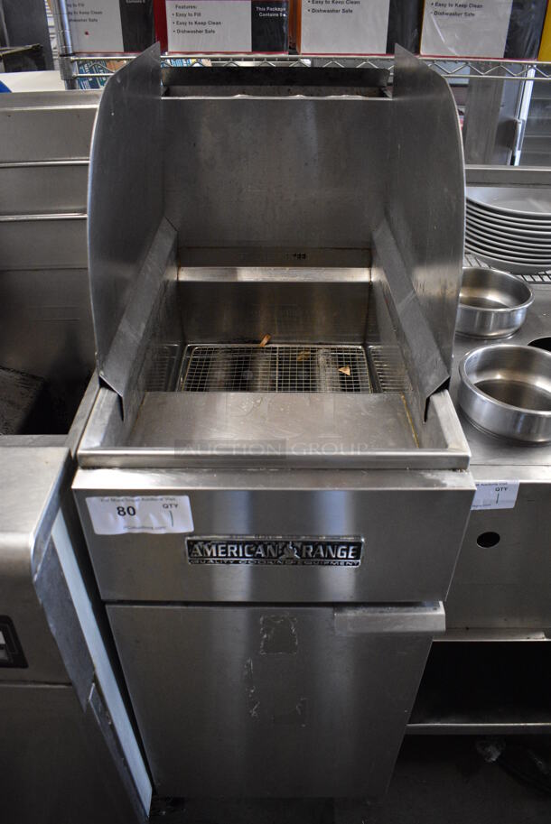 GREAT! American Range Stainless Steel Commercial Floor Style Gas Powered Deep Fat Fryer w/ 2 Side Splash Guards. 15.5x31x50 - Image 1 of 6
