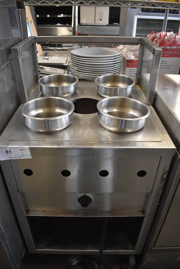 GREAT! Stainless Steel Commercial Floor Style Electric Powered Steam Table w/ 5 Cut Outs, 4 Stainless Steel Cylindrical Bins and 5 Lids. 22x23x41. Cannot Test Due To Plug Style - Image 2 of 7