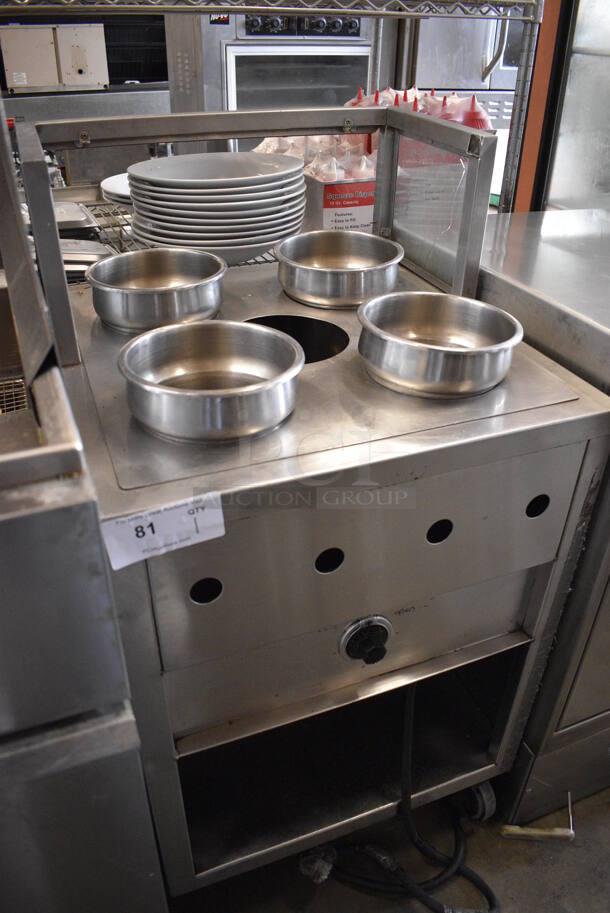 GREAT! Stainless Steel Commercial Floor Style Electric Powered Steam Table w/ 5 Cut Outs, 4 Stainless Steel Cylindrical Bins and 5 Lids. 22x23x41. Cannot Test Due To Plug Style - Image 5 of 7