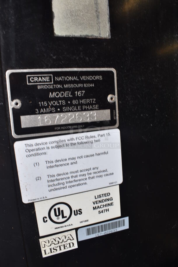 NICE! Crane Model 167 Metal Commercial Snack Vending Machine w/ Cash and Coin Acceptor. 115 Volts, 1 Phase. 37x36x72. Tested and Working! - Image 6 of 6