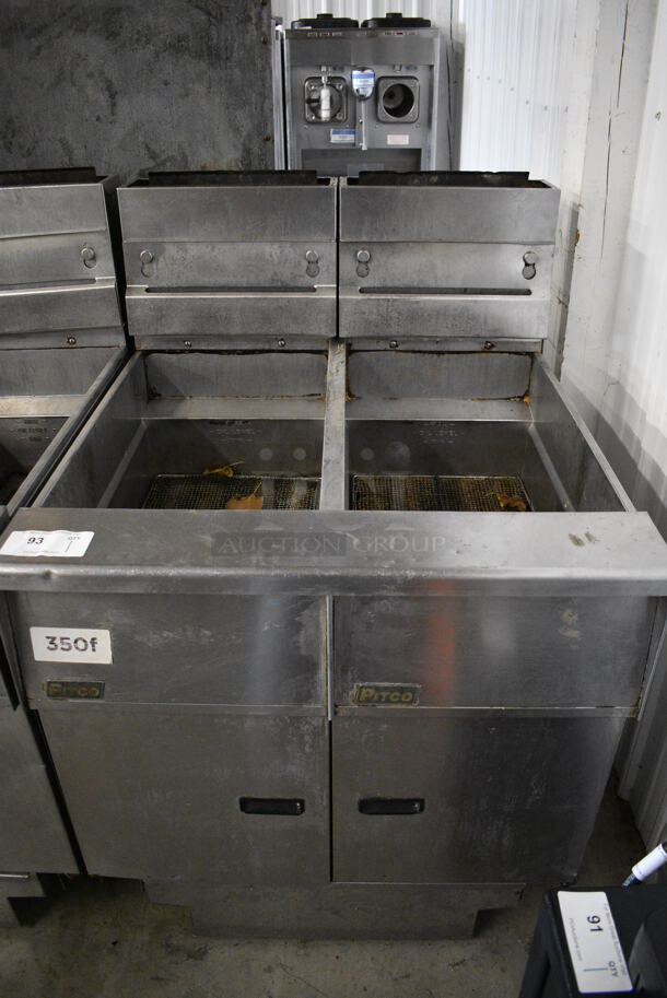FANTASTIC! 2008 Pitco Frialator Model SG14 Stainless Steel Commercial Floor Style Natural Gas Powered 2 Bay Deep Fat Fryer w/ Filtration System on Commercial Casters. 110,000 BTU. 31.5x34.5x46