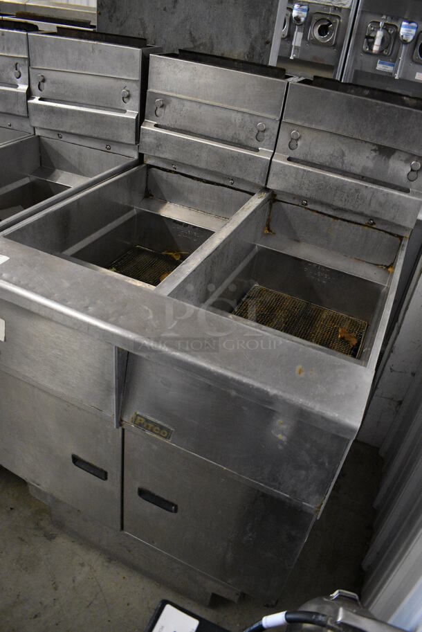 FANTASTIC! 2008 Pitco Frialator Model SG14 Stainless Steel Commercial Floor Style Natural Gas Powered 2 Bay Deep Fat Fryer w/ Filtration System on Commercial Casters. 110,000 BTU. 31.5x34.5x46 - Image 3 of 8
