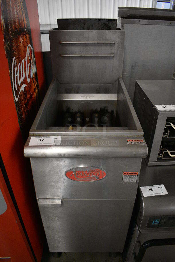 NICE! 2016 Avantco Model FF400-P Stainless Steel Commercial Floor Style Propane Gas Powered Deep Fat Fryer on Commercial Casters. 120,000 BTU. 15.5x30x47 - Image 1 of 6