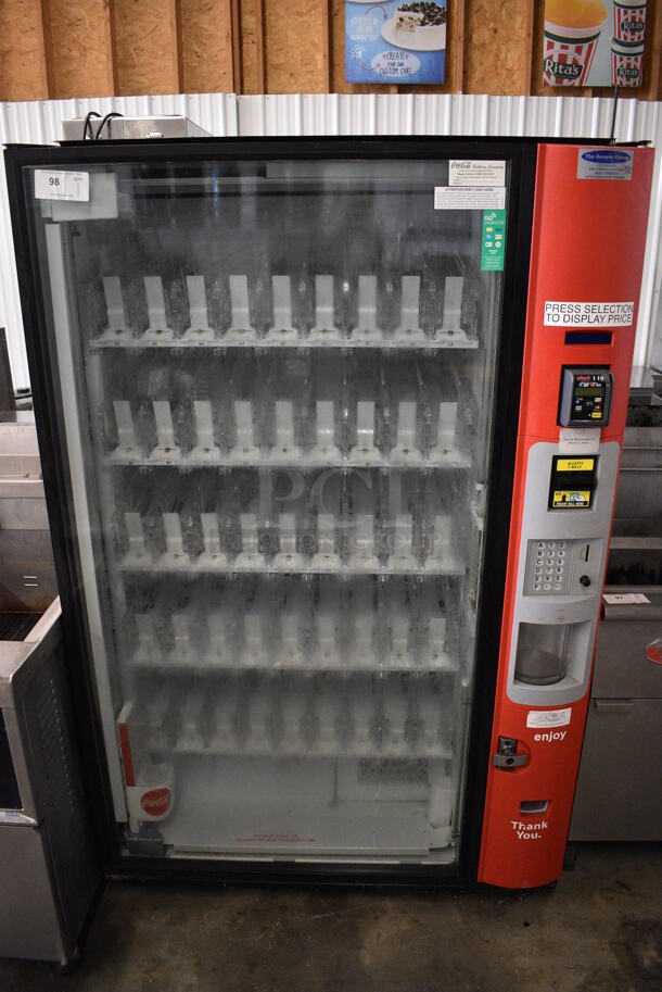 WOW! Dixie-Narco Model DN5800-4C Metal Commercial Floor Style Bottled Drink Vending Machine w/ Cash and Coin Acceptor and Credit Card Reader. 115 Volts, 1 Phase. 47x36x73. Tested and Working!