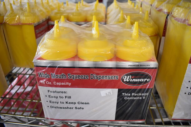 ALL ONE MONEY! Lot of 6 BRAND NEW Packs of Winware Yellow Poly Condiment Bottles. Each Pack Has 6 Bottles. 2.5x2.5x8.5