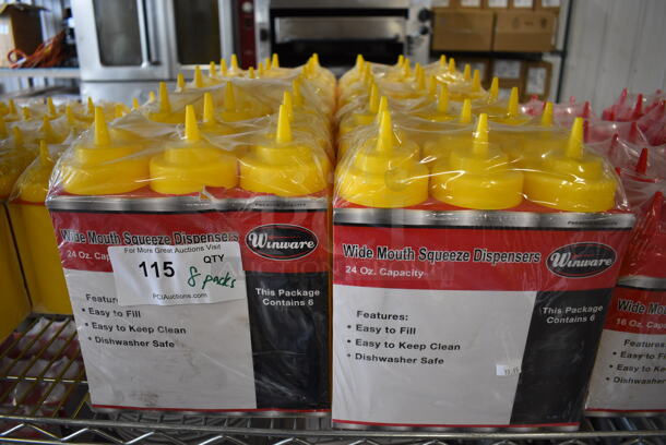ALL ONE MONEY! Lot of 8 BRAND NEW Packs of Winware Yellow Poly Condiment Bottles. Each Pack Has 6 Bottles. 2.5x2.5x10