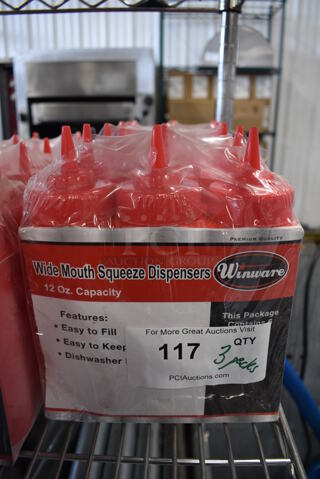 ALL ONE MONEY! Lot of 3 BRAND NEW Packs of Winware Red Poly Condiment Bottles. Each Pack Has 6 Bottles. 2.5x2.5x8.5