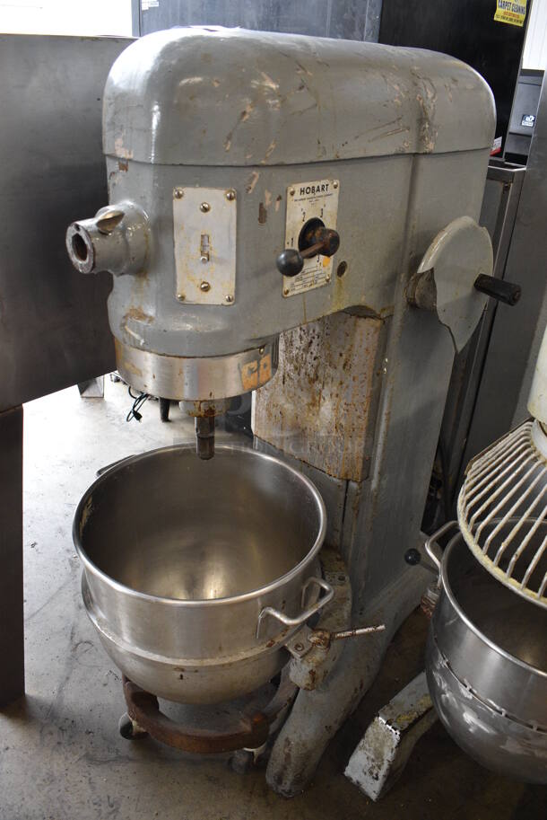 FANTASTIC! Hobart Model H-600 Metal Commercial Floor Style 60 Quart Planetary Mixer w/ Stainless Steel Mixing Bowl and Bowl Dolly. 208 Volts, 3 Phase. 27x38x57