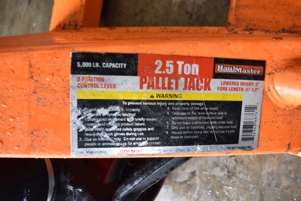 HaulMaster 5,000 Pound Capacity Metal Commercial Orange Pallet Jack. 27x63x48 - Image 4 of 7